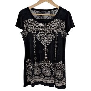BLEU Women's Black Lace Trimmed Medallion Print Short Sleeve Tunic Top Size M